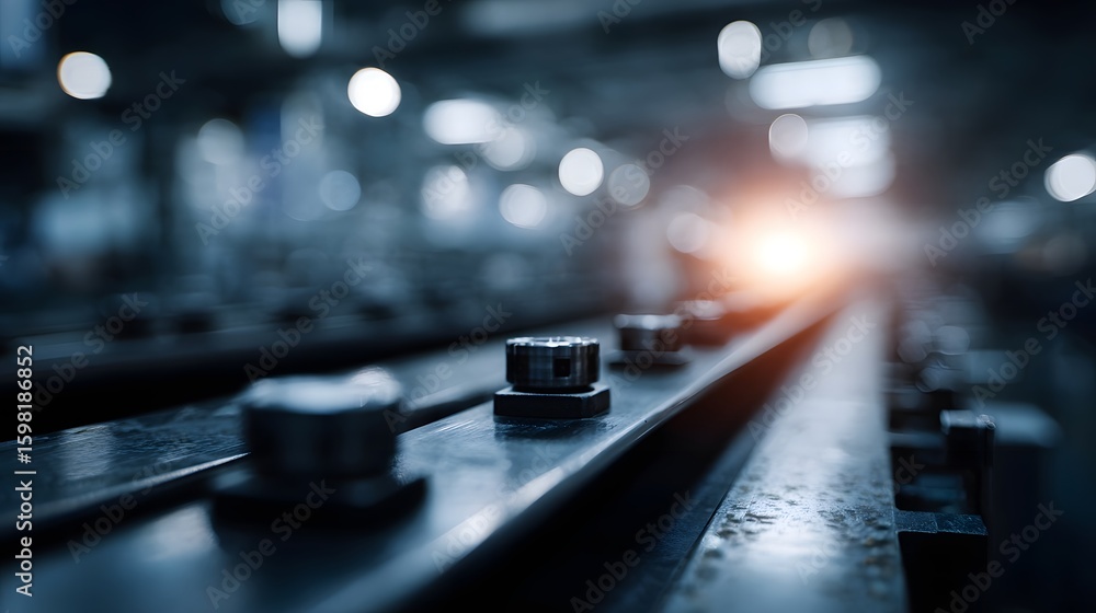 Poster automated production line in motion with industrial lighting and sharp focus