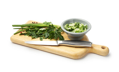 Different fresh herbs, spices and knife isolated on white