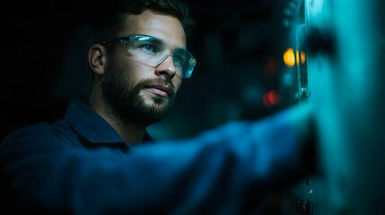 Technician repairing factory equipment with focused attention