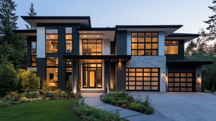 Evening photography of modern architectural home design residential area wide angle view contemporary exterior in soft light