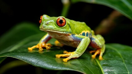 Naklejka premium Vibrant red eyed tree frog perched on lush green tropical leaf in rainforest habitat