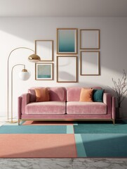 Modern living room with pink sofa and geometric rug