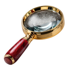 Wood-handled magnifying glass with polished brass ring, angled to magnify text underneath and isolated on transparent background for inspection themes. --v 7.0 --s 250 --raw