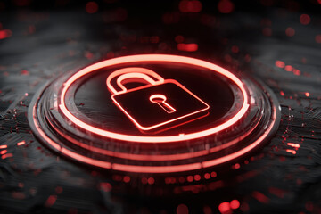 Glowing red padlock symbol on dark circuit board background representing cybersecurity, protection, encryption, privacy, data safety, secure access, digital security