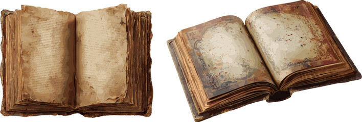 Open antique book. Realistic old books with sacred scriptures, opened stained vintage paper pages historical chronicle text letters holy bible retro literature vector illustration