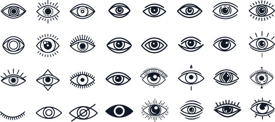 Outline eyes logo. Eye line web icons set, open closed eyelids with eyelashes demon eyeball vision lens look sight view symbol pictogram shape abstract insight vector illustration