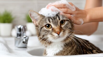 A tabby cat is getting a bath in a sink, its head covered with fluffy, white soap suds, and a hand is gently washing it.