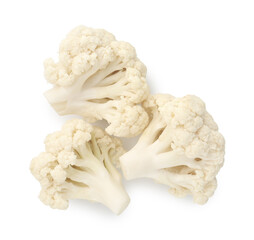 Fresh raw cauliflower florets isolated on white, top view