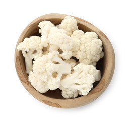 Fresh cauliflower florets in bowl isolated on white, top view