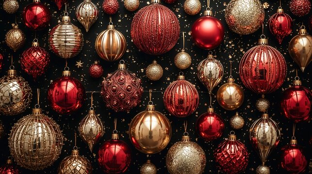 A festive array of decorative Christmas ornaments in red and gold tones against a dark background.