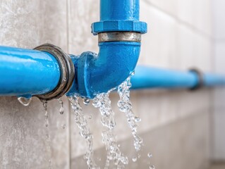 Water leaking from a damaged blue pipe, against a tiled wall, water conservation.