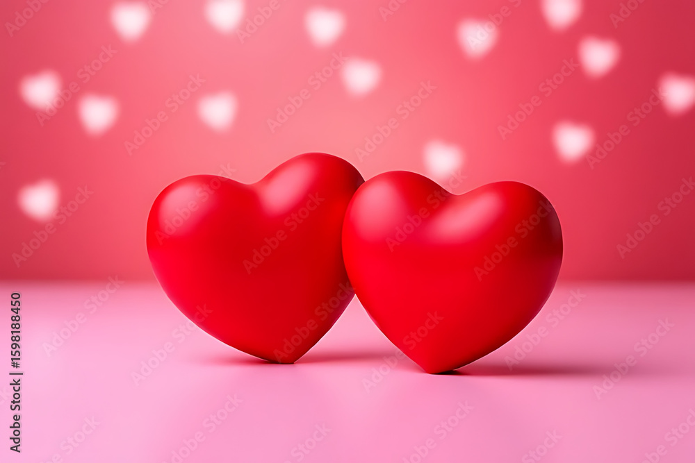 Poster two red heart-shaped objects on a pink surface with blurred white heart shapes on a red background f