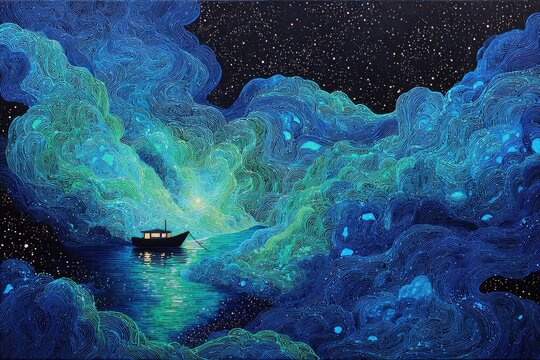 Pixel Art Boat Sailing Through Night Sky