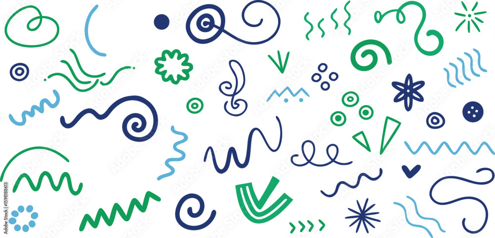 Poster vector art of a collection of playful blue and green doodles and scribbles on a transparent backgrou