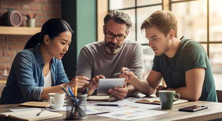 Diverse Team Collaborating On Digital Project In Modern Office Setting
