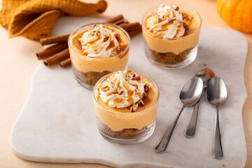 Pumpkin cheesecake in a glass, fall dessert idea, no bake Thanksgiving dessert