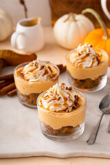 Pumpkin cheesecake in a glass, fall dessert idea, no bake Thanksgiving dessert