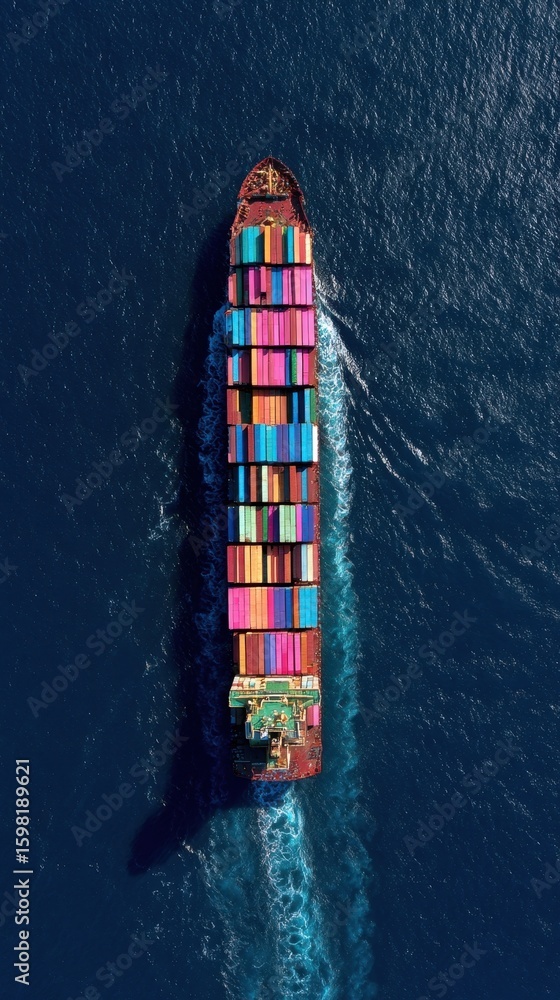 Poster an aerial snapshot of a colossal container freighter navigating deep blue seas the deck adorned with
