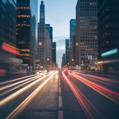 Obraz premium City street at dusk with light trails night traffic