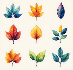 Obraz premium Collection of nine watercolor autumn leaves in various colors and styles fall foliage