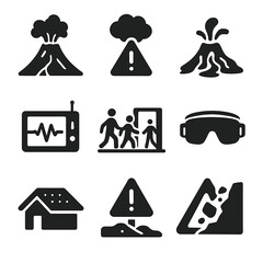 Volcanic Disaster Icons. Solid style icons of volcanic and geological disasters: erupting volcano icon, ash cloud warning, lava