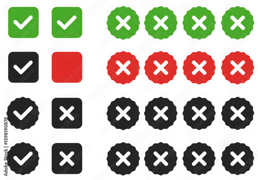 Poster a set of green check marks and red crosses in different shapes and styles on a