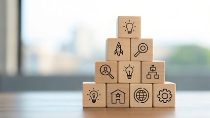 Cubes with various skill icons forming a mosaic — building big ideas from small talents
