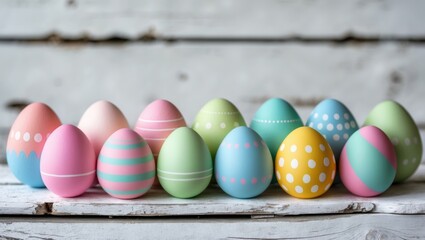 Colorful Easter eggs arranged on a rustic wooden surface.