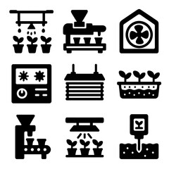 Greenhouse Tech Icons. Solid style icons of greenhouse and nursery tech: automatic irrigation rail, seeding line machine,