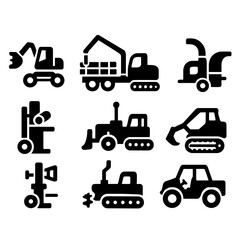 Forestry Machinery Icons. Solid style icons of forestry and rural machinery: tree cutter, log hauler, wood chipper, chainsaw