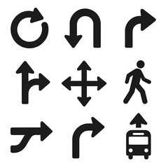 Traffic Direction Icons. Solid style icons of traffic and motion indicators: roundabout arrow, U-turn symbol, merge lane arrow,