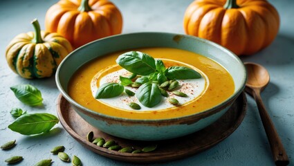 Pumpkin soup with basil and pumpkin seeds served in a bowl with pumpkins in the background.