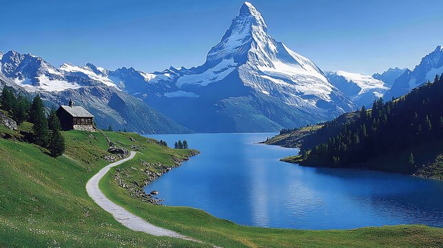 Serene alpine lake nestled between snow-capped peaks.
