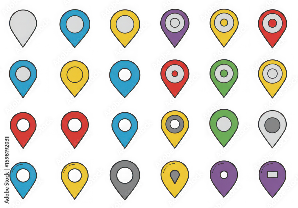 Poster a diverse collection of colorful map pin icons are arranged neatly on a transparent