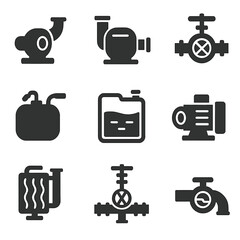 Marine Pump Icons. Solid style icons of marine and shipboard pump systems: bilge pump icon, ballast water pump, seawater intake