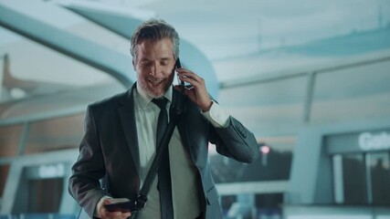 A businessman in a suit talks on the phone while holding a passport at an airport gate. - Powered by Adobe