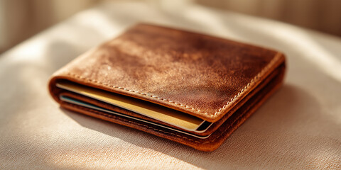 Close up of a classic brown leather wallet with cards