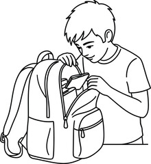 Vector art of a young boy is packing his backpack with school supplies to get ready for school