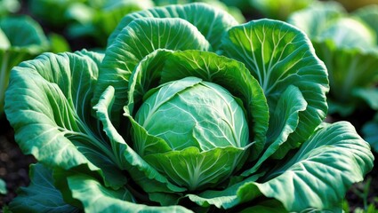 Obraz premium Fresh cabbage growing in a garden with vibrant green leaves. Vegetables and agriculture, concept. Kitchen and cooking. The concept of fresh produce and healthy eating.