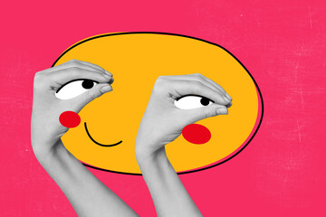 Full 3d art trend collage of human hand show talk mouth gesture emoji bubble communication chatterbox speech phrase smiley