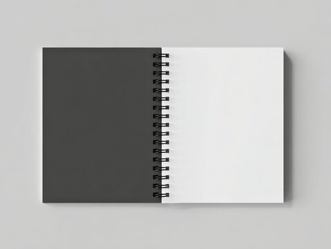 open spiral notebook mockup with black cover on the left and blank white page on the right, top view, centered, on a light gray seamless background