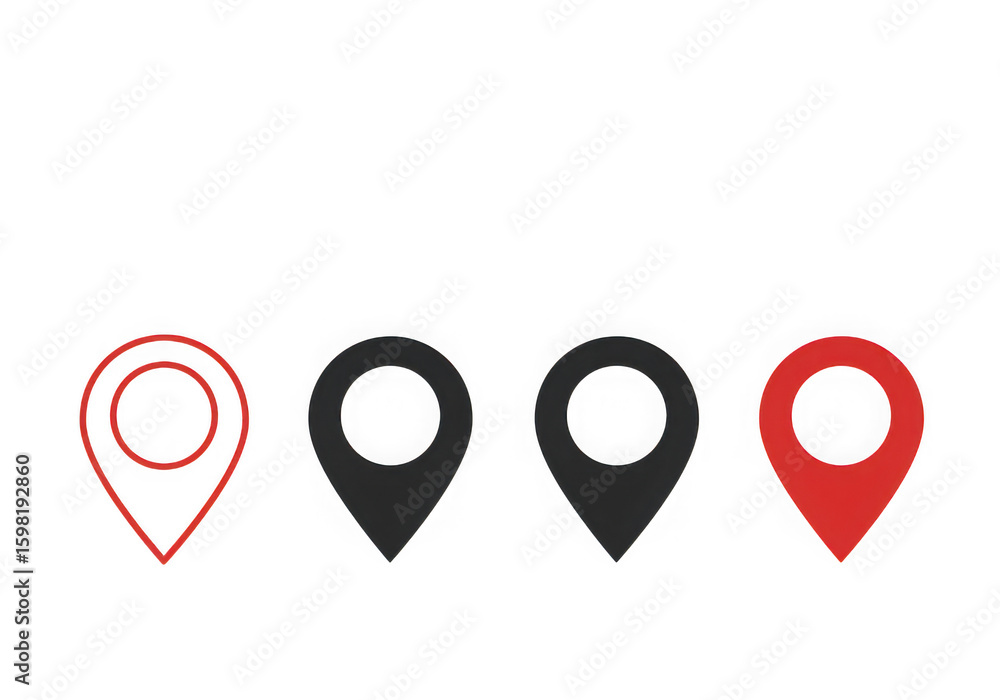 Poster four location pin icons are displayed in a row with red and black colors on a