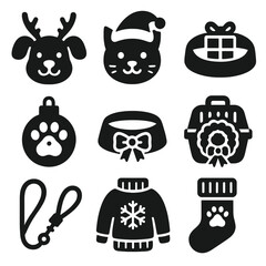 Pet-Themed Christmas Icons. Solid style icons of pet-themed Christmas: dog with reindeer ears, cat in Santa hat, pet bed with gift