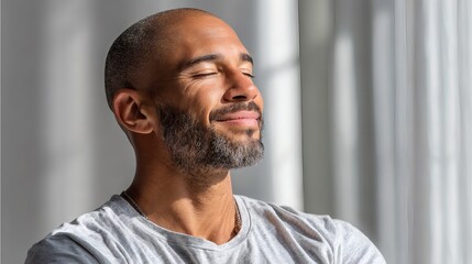 Bald man smiling calmly in warm natural light - Serene Confidence Image 4K UHD