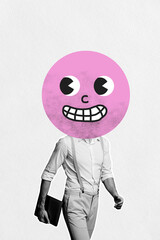 Sketch image 3d pop banner collage of anonym manager man instead head smiley sticker carry laptop freelancer businessman