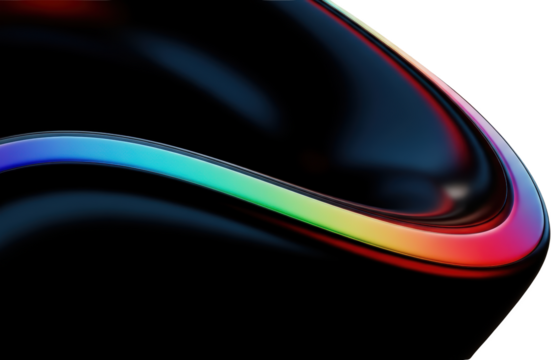 Smooth flowing iridescent curve with a rainbow gradient against a dark reflective background isolate