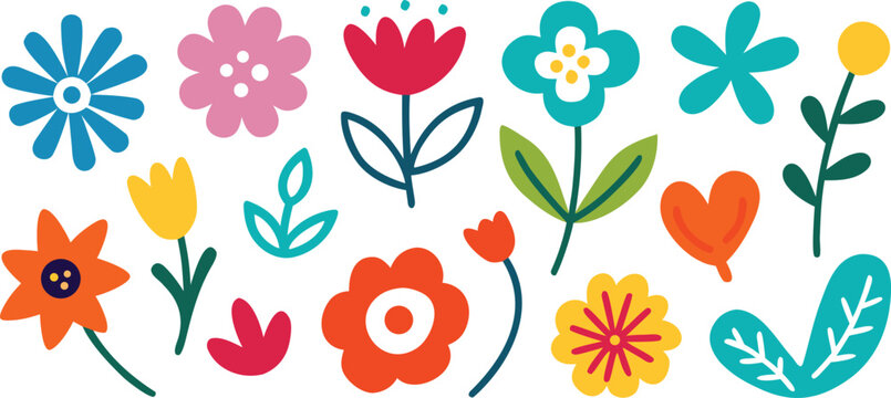 Vector art of a cheerful assortment of colorful, stylized flowers and leaves in a playful pattern on a transparent background.