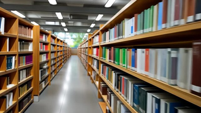 Exploring the tranquility of a modern library with endless shelves of books in a bright reading area