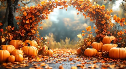 Numerous orange pumpkins arranged on a path covered with autumn leaves fall gourd