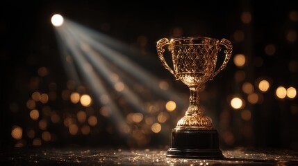 Celebration of achievement with golden trophy on stage event highlights luxury environment inspirational viewpoint